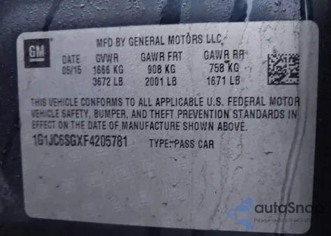 2015 Chevrolet Sonic Lt Auto z USA, uszkodzony, nr VIN 1G1JC6SGXF4205781